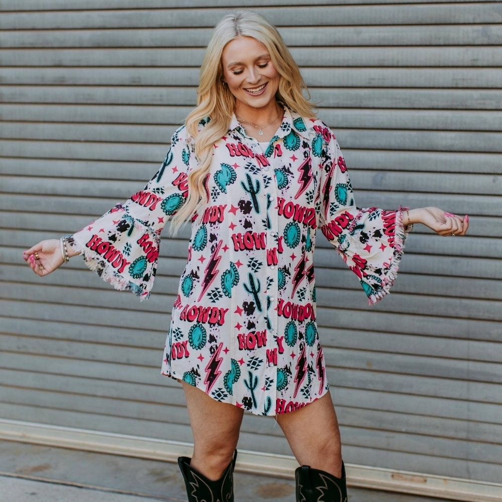 NWT White And Pink Howdy Button Down Tunic Dress